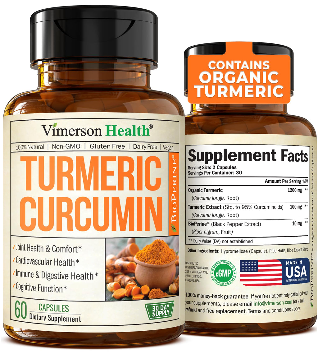 Turmeric Supplement with 1200mg Turmeric Powder Organic - Turmeric Curcumin Supplement. 95% Curcuminoids. Organic Turmeric Curcumin with Black Pepper. Tumeric Joint Support Supplement. 60 Curcuma Caps