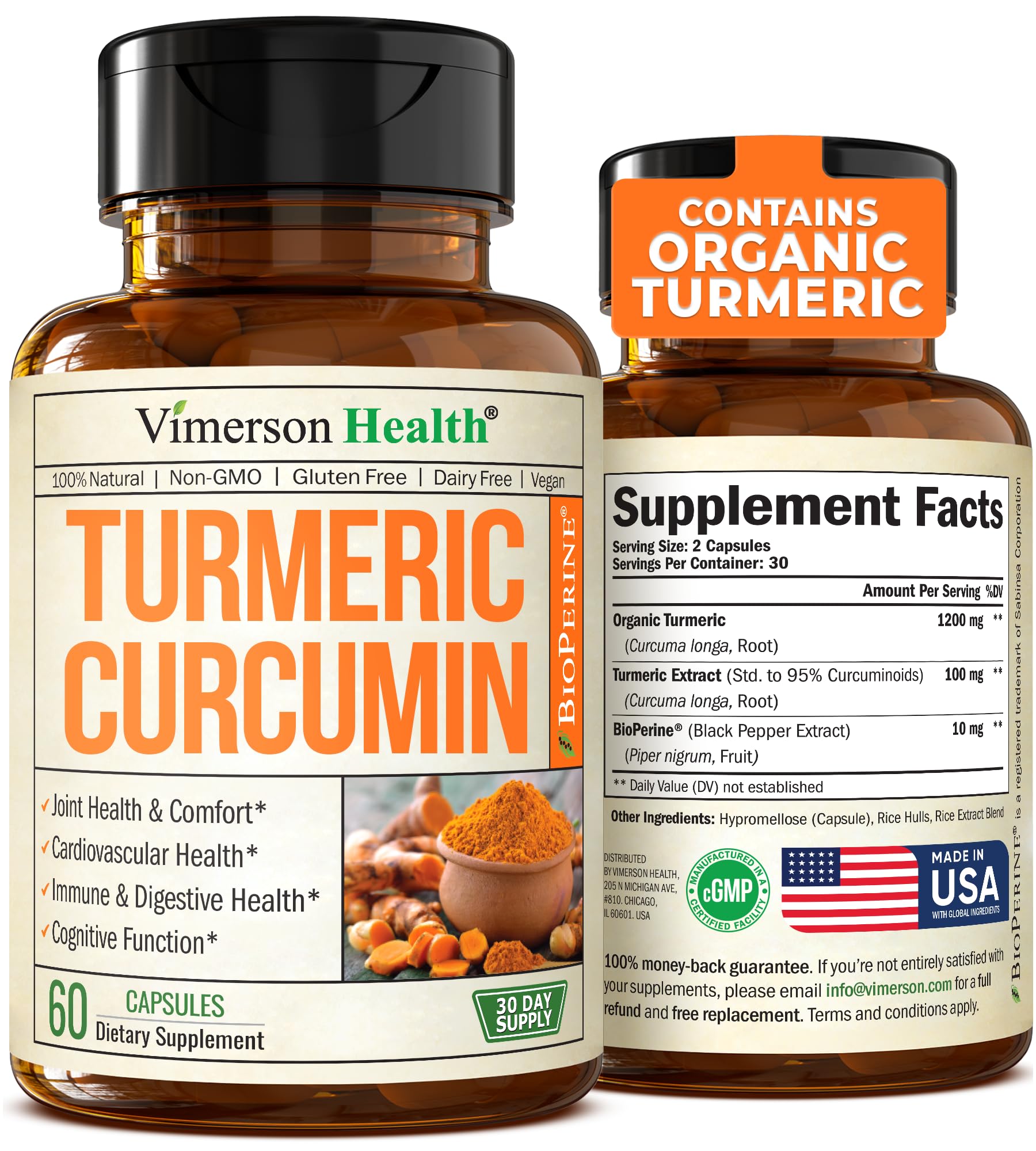 Turmeric Supplement with 1200mg Turmeric Powder Organic - Turmeric Curcumin Supplement. 95% Curcuminoids. Organic Turmeric Curcumin with Black Pepper. Tumeric Joint Support Supplement. 60 Curcuma Caps